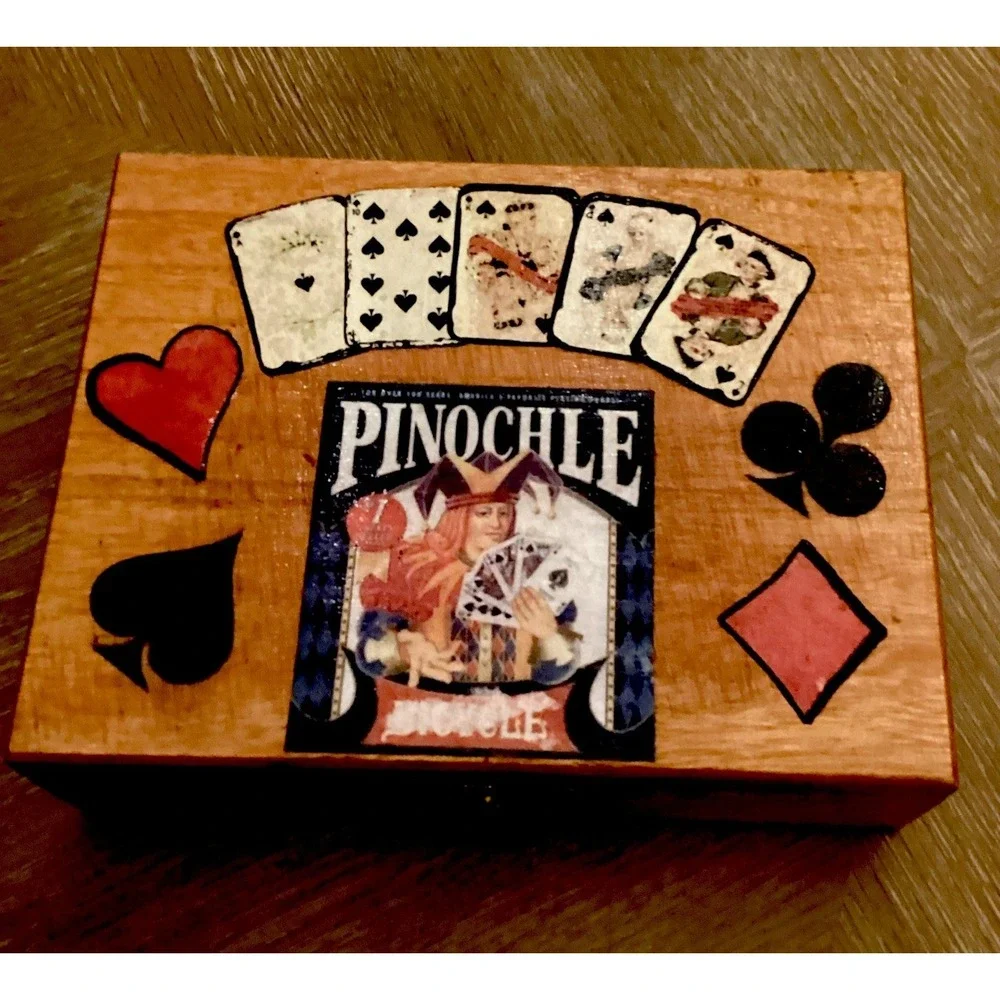 Vintage Handmade Wooden Pinochle Storage Box With Playing Cards And Score Pads